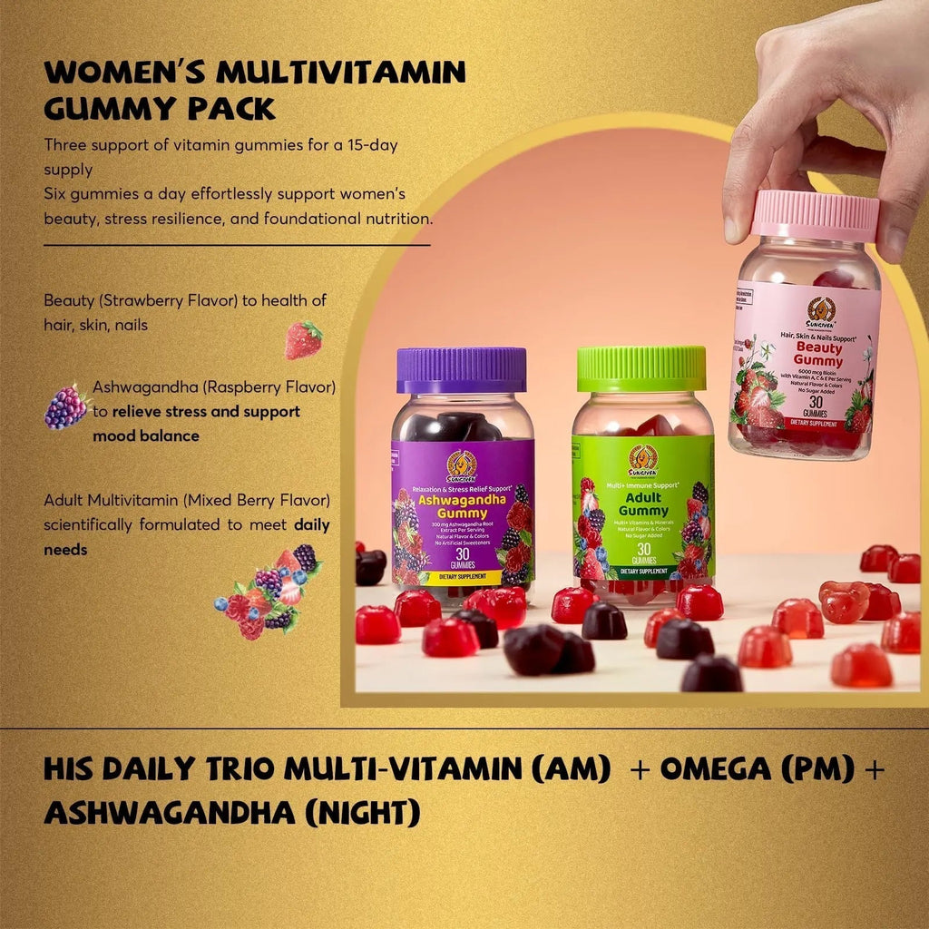 Women's Multivitamin Gummy Pack, 3 Support for Hair Skin Nails Sleep Daily Health, Vitamins A, D, C, E, Biotin, Ashwagandha SUNGIVEN Au supplements