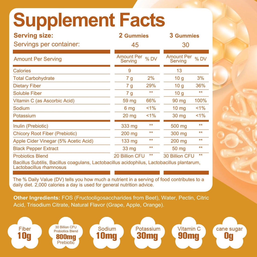 Migcopat 10G Fiber Gummies for Adults - Support Digestive Health - Fiber Supplement with 30 Billion CFU Probiotics Blend, ACV, Vitamin C, Inulin - No Sugar Added - Fruit Flavored - 180 Count