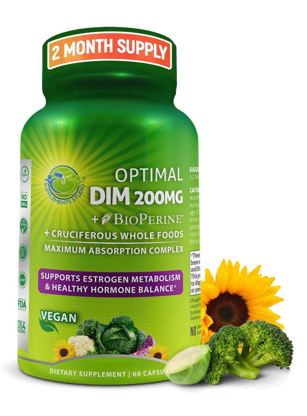Optimal DIM 200mg Supplement for Women and Men - Made with Organic Whole Foods - Estrogen & Hormone Balance Support Diindolylmethane Complex - Maximum Absorption Delayed-Release Capsules - 60 Count SUPPLEMENTS STUDIO Au supplements