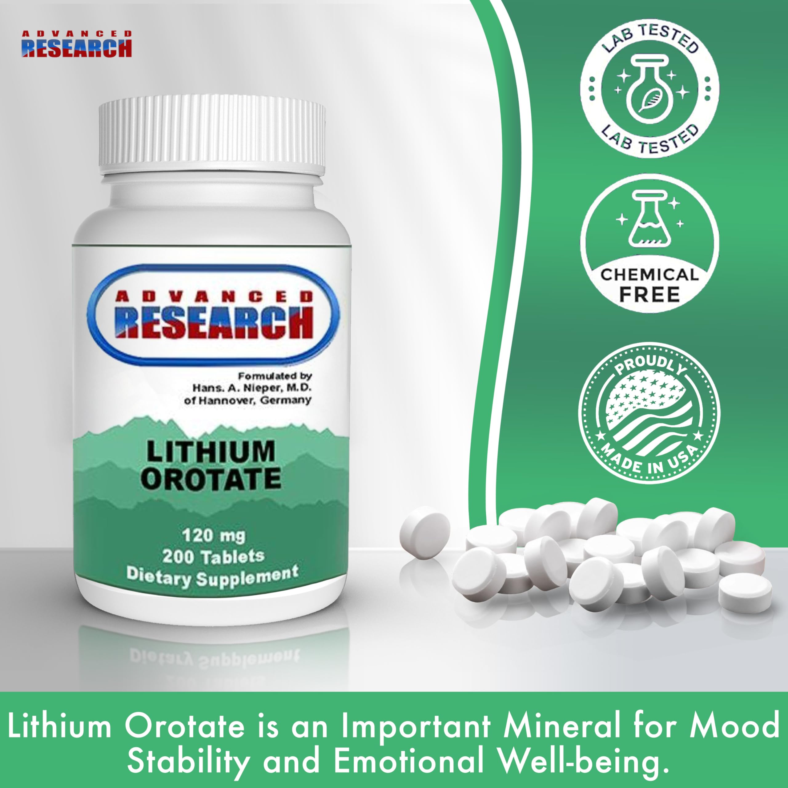 NCI Advanced Research Dr. Hans Nieper Lithium Orotate 5mg, 200 Count, Lab Tested, Non-GMO, Gluten Free, Vegan Friendly