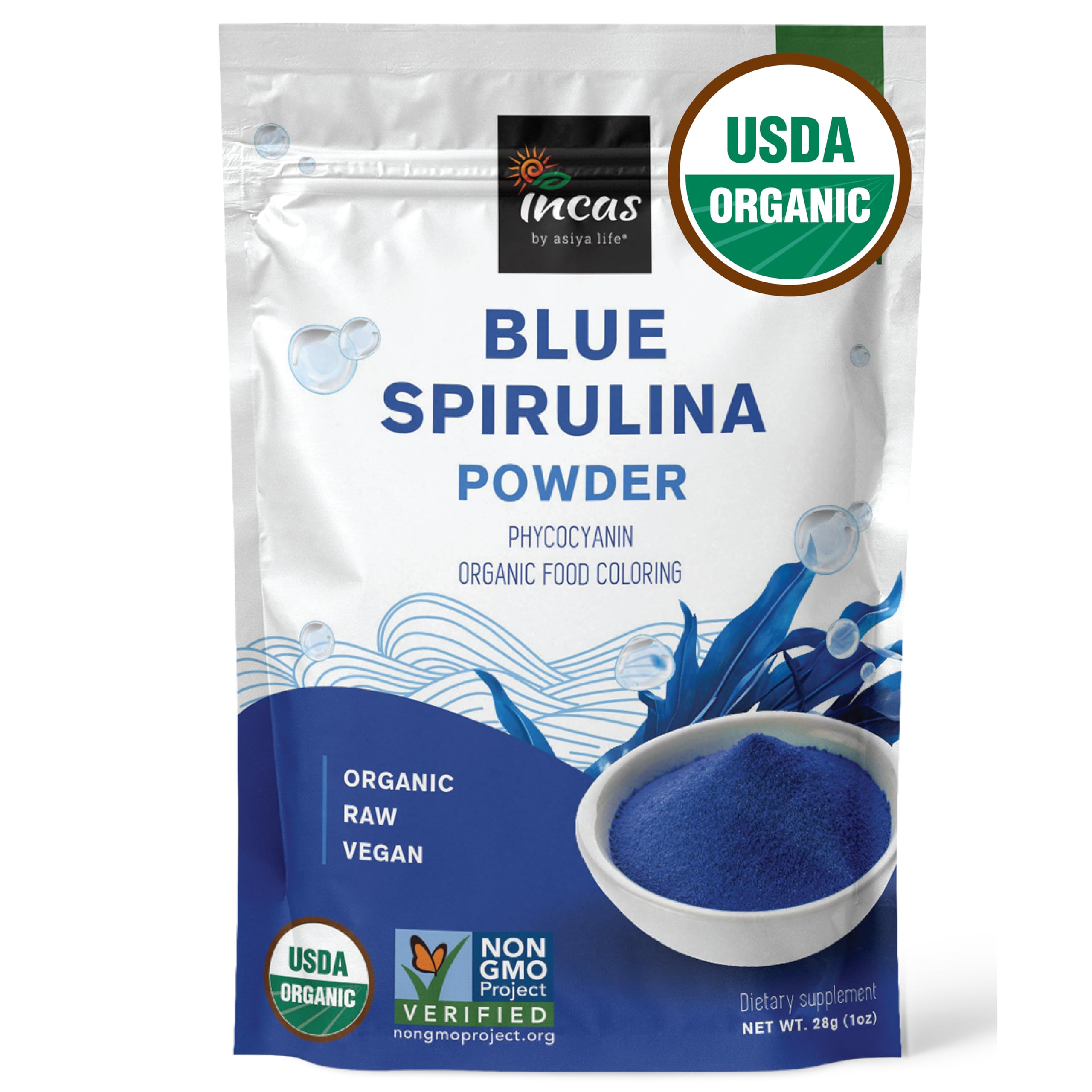 USDA Organic Blue Spirulina Powder (Phycocyanin Extract), No Fishy Smell, 100% Vegan Protein from Blue-Green Algae, 28 Servings