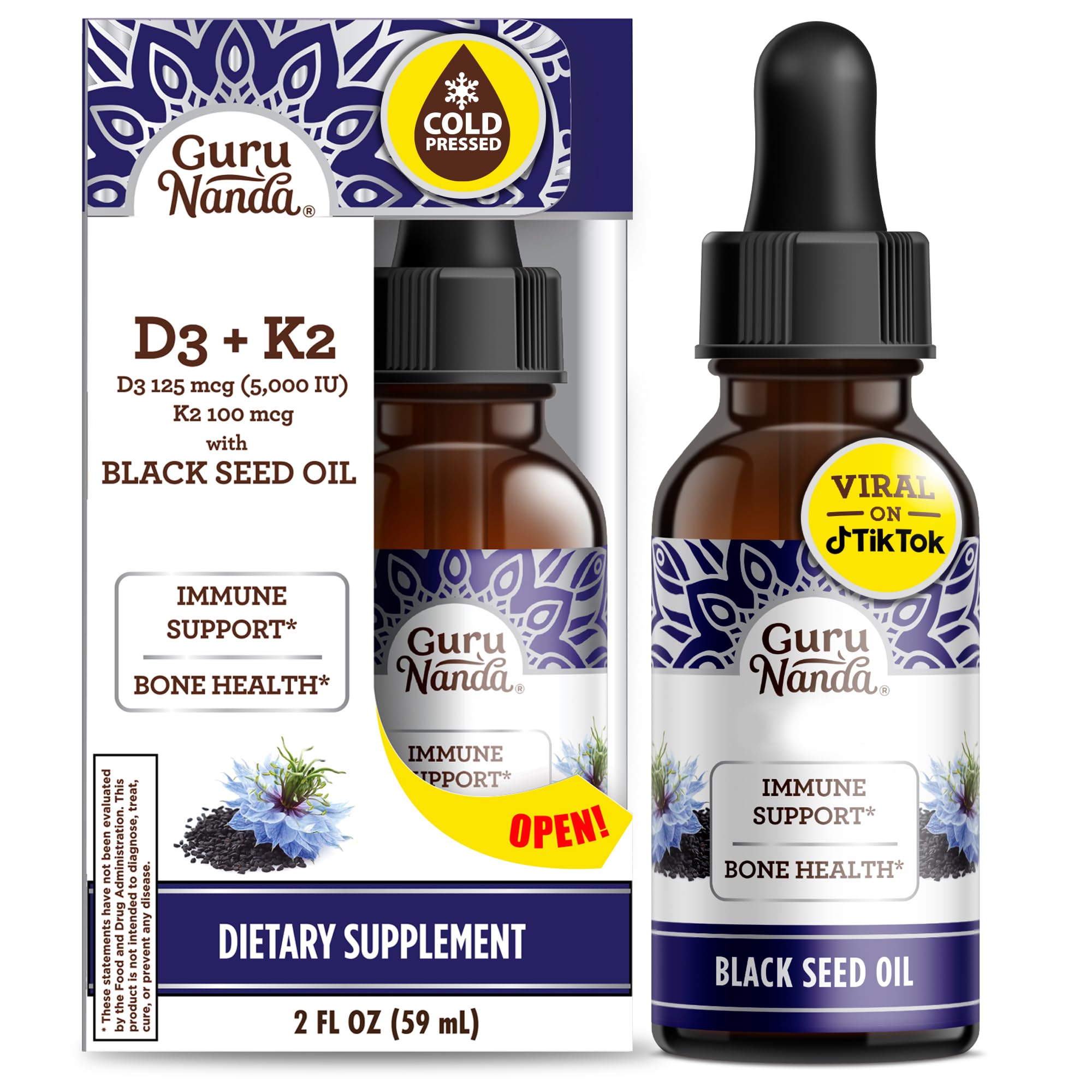 GuruNanda Black Seed Oil, Cold-Pressed Nigella Sativa - Rich in Vitamin D3 5000 Units, K2 & E, High Thymoquinone | Potent Antioxidant