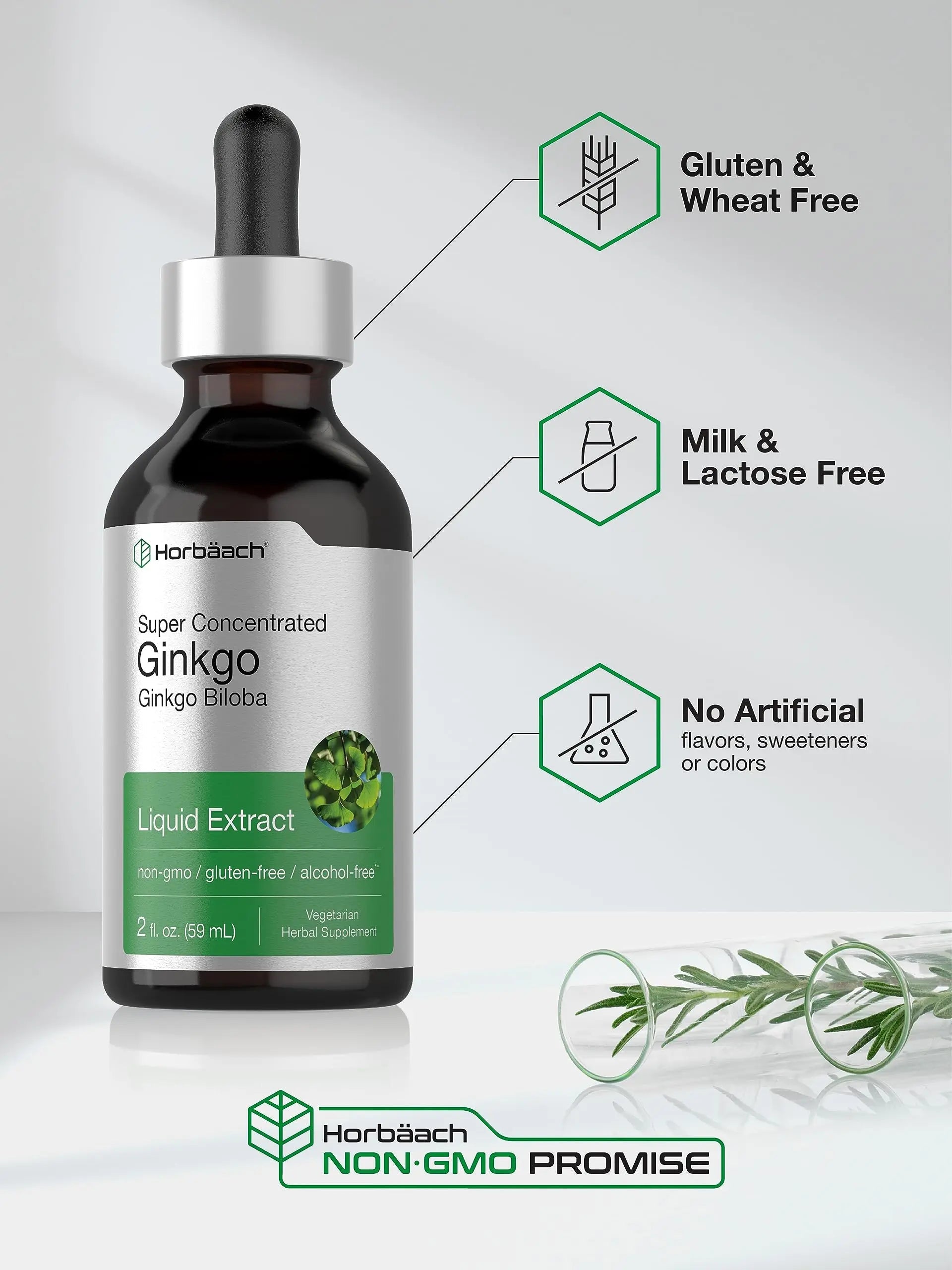 Ginkgo Biloba Extract Liquid 2 fl oz | Alcohol-Free Herb Supplement | Vegetarian Horbäach Au supplements