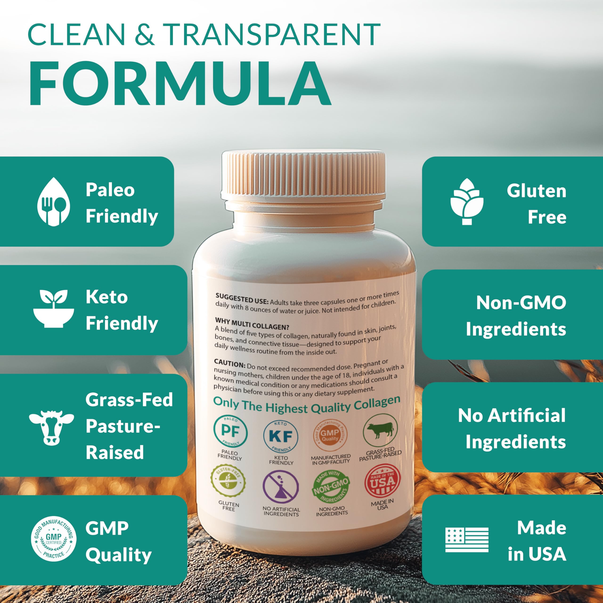 Multi Collagen 180 Protein Capsules - Type I, II, III, V, X Collagen Pills - Proprietary Blend of Eggshell, Chicken, Wild Fish & Grass-Fed