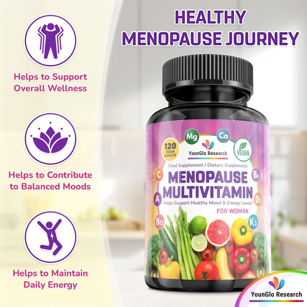 YounGlo Research Menopause Supplement - 120 Vegan Caplets - Menopause & Perimenopause Relief Support - Food and Dietary Vitamins - Multivitamin for Women YounGlo Research Au supplements