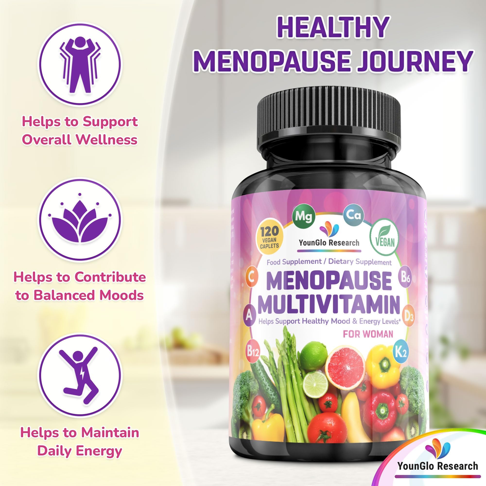 YounGlo Research Menopause Supplement - 120 Vegan Caplets - Menopause & Perimenopause Relief Support - Food and Dietary Vitamins - Multivitamin for Women YounGlo Research Au supplements