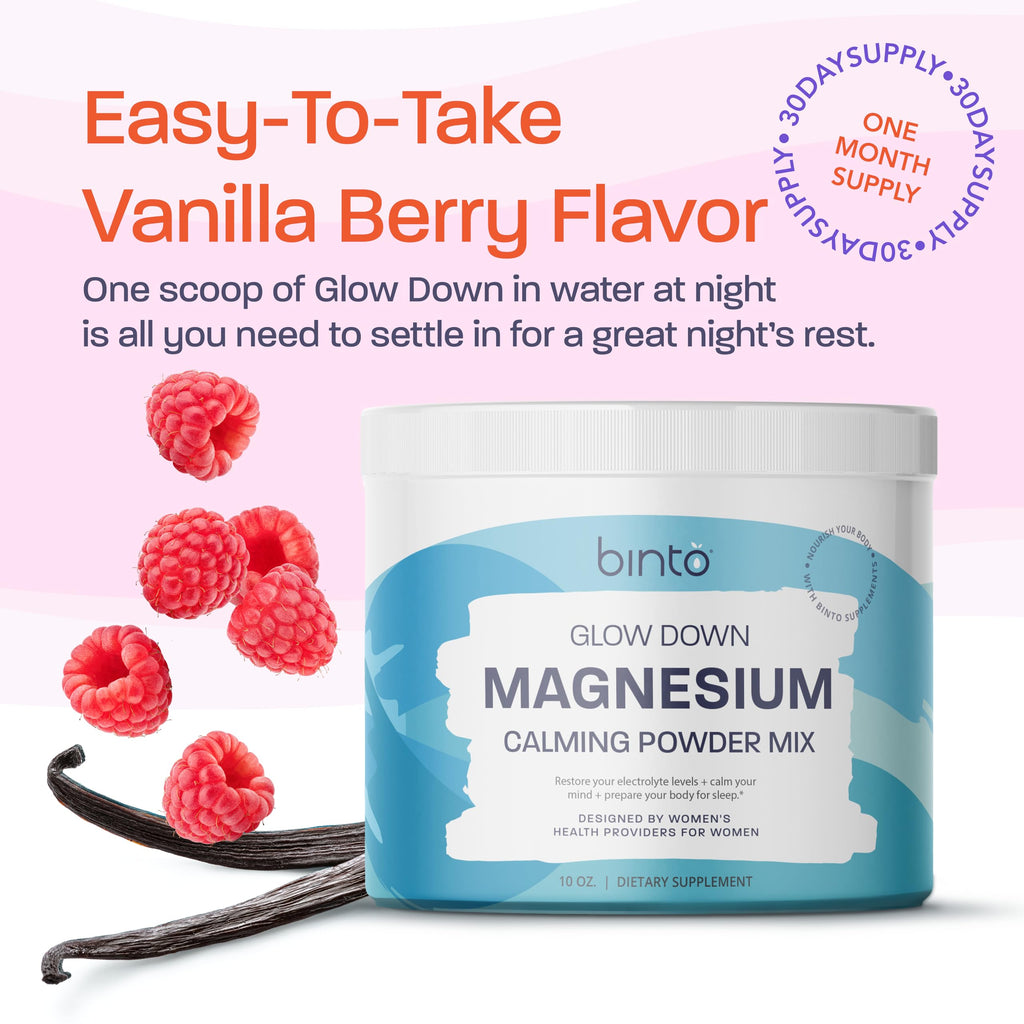 Binto Glow Down - Sleep Better & De-Stress with Our Berry Vanilla Magnesium Drink Mix, Made in USA, Sugar-Free, Preservative-Free, Gluten-Free Drink Mix (60 Day Supply) Binto Au supplements