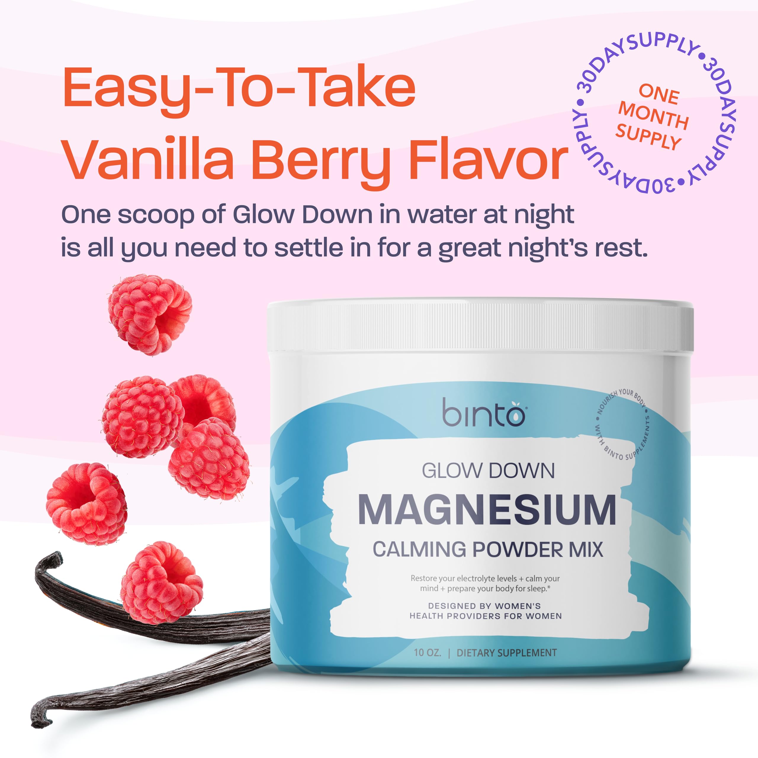 Binto Glow Down - Sleep Better & De-Stress with Our Berry Vanilla Magnesium Drink Mix, Made in USA, Sugar-Free, Preservative-Free, Gluten-Free Drink Mix (60 Day Supply) Binto Au supplements