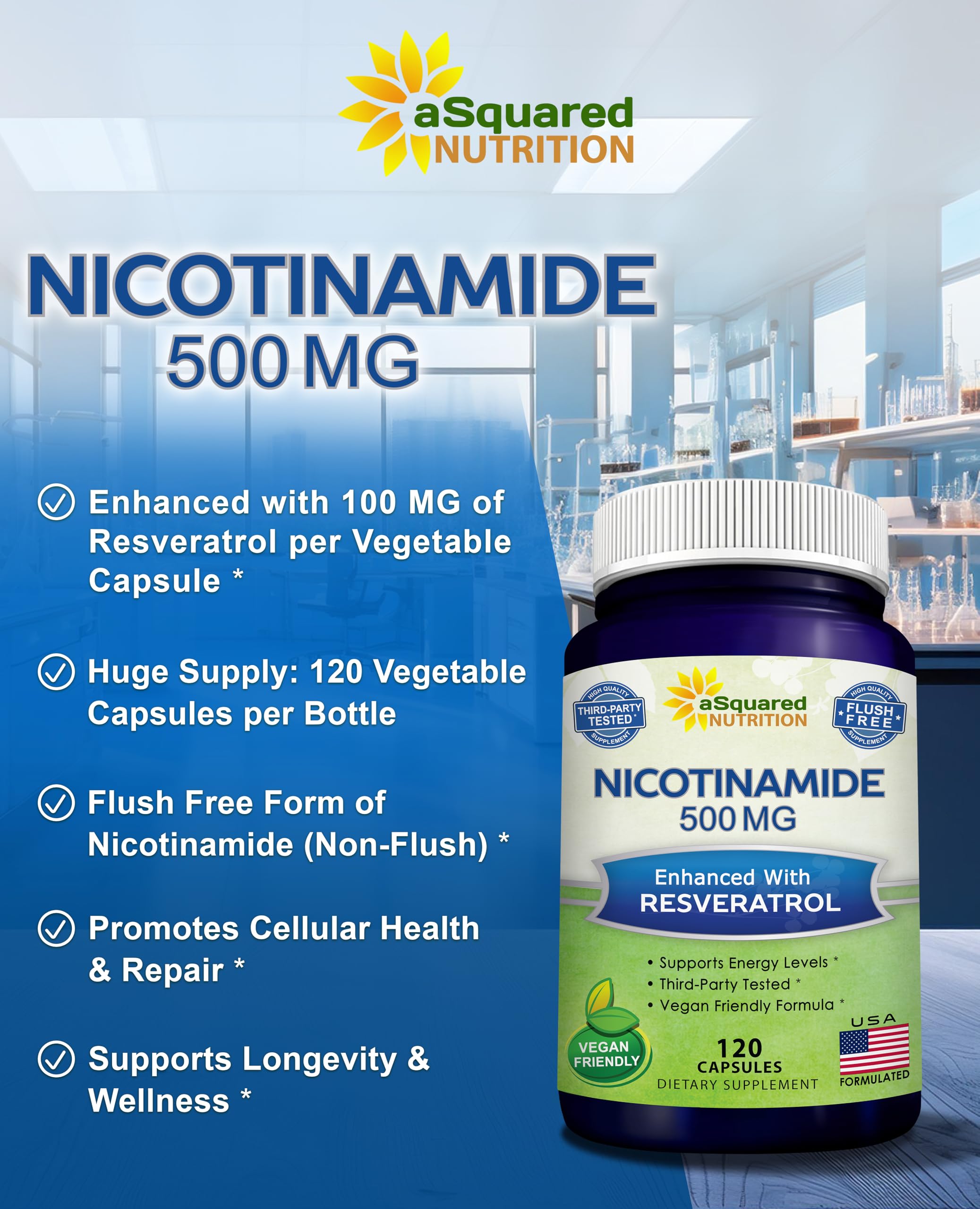 aSquared Nutrition Nicotinamide with Resveratrol - 120 Veggie Capsules - Vitamin B3 500mg (Niacinamide Flush Free) - Supplement Pills to Support NAD, Skin Cell Health & Energy aSquared Nutrition Au supplements