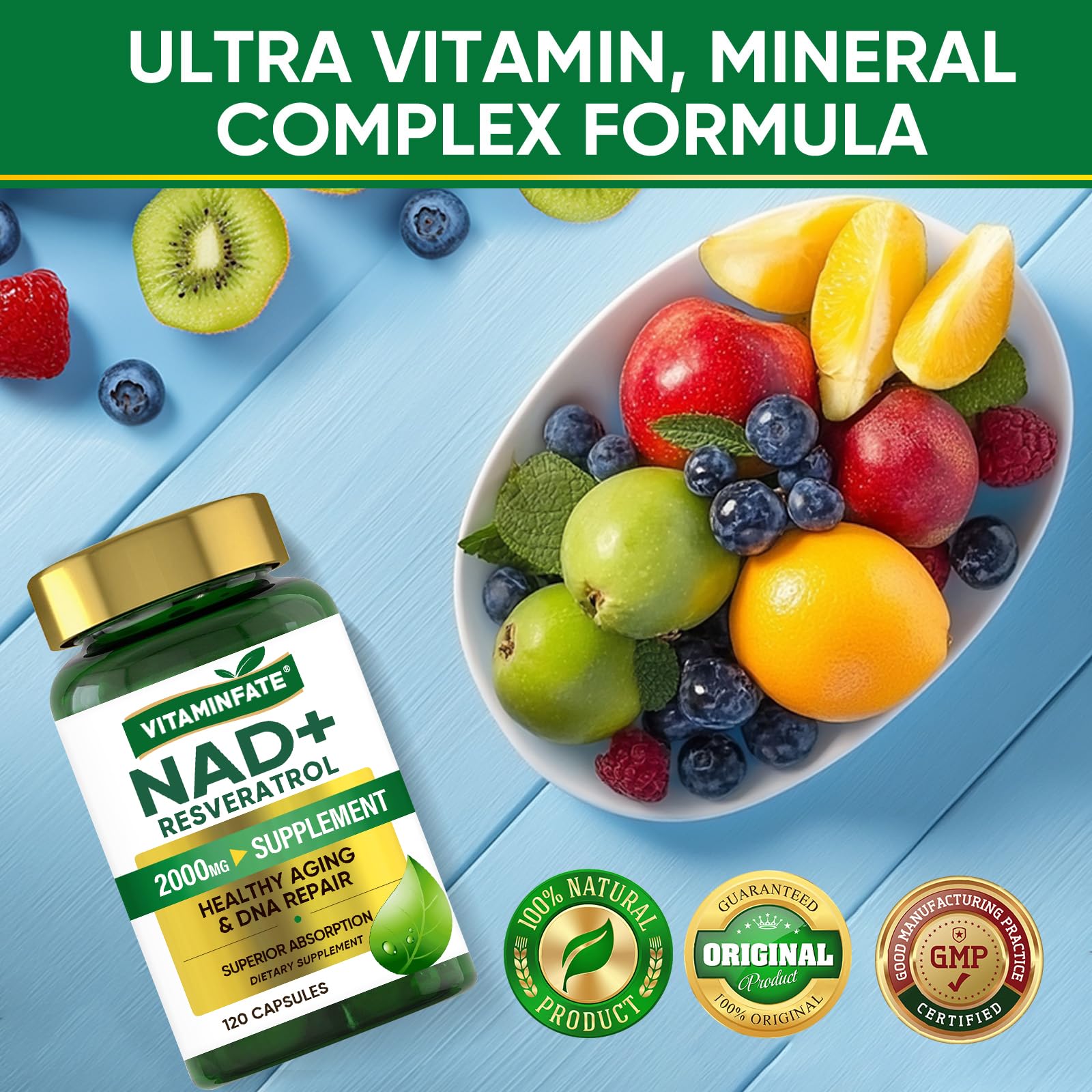 VITAMINFATE NAD+ Supplement 2000 mg - 120 Capsules True NAD+ & Resveratrol, NMN Alternative Supports Anti-Aging, Cellular Energy & Repair, Metabolism & Brain Boost for Men & Women VITAMINFATE Au supplements