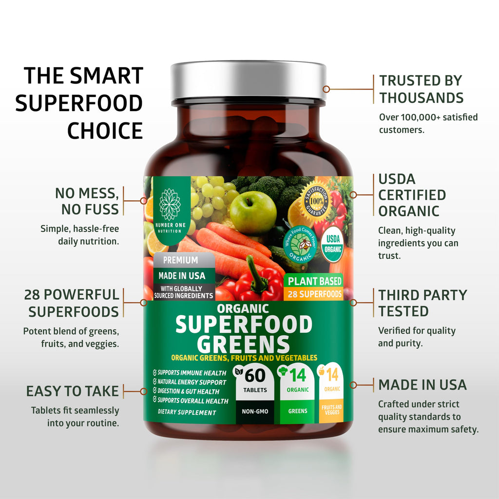 Number One Nutrition USDA Organic and Easy-to-Take Super Greens, Better Than Powder Fruits & Veggies Supplement with 28 Superfood
