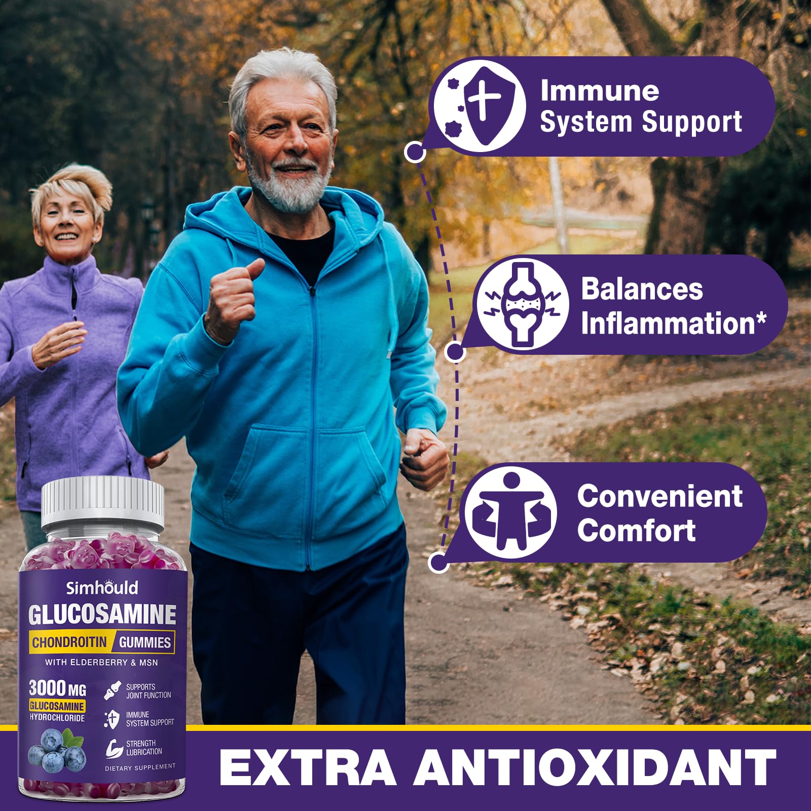 Simhould 2 Packs Glucosamine Chondroitin Gummies - 3000MG Extra Strength Joint Support Supplement with MSM & Elderberry, Flexibility, Antioxidant Immune Support