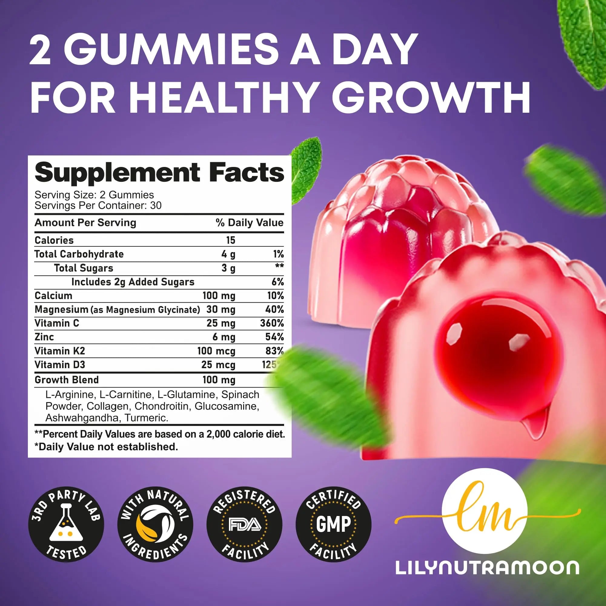 Height Growth Gummies for Kids & Teens - Calcium, Vitamin D3 + K2, Zinc, Magnesium, L-Arginine, Vitamin C - Multivitamin for Teen Boys & Girls - Grow Taller Supplement for Kids Height - 60 Gummies LM LILYNUTRAMOON Au supplements