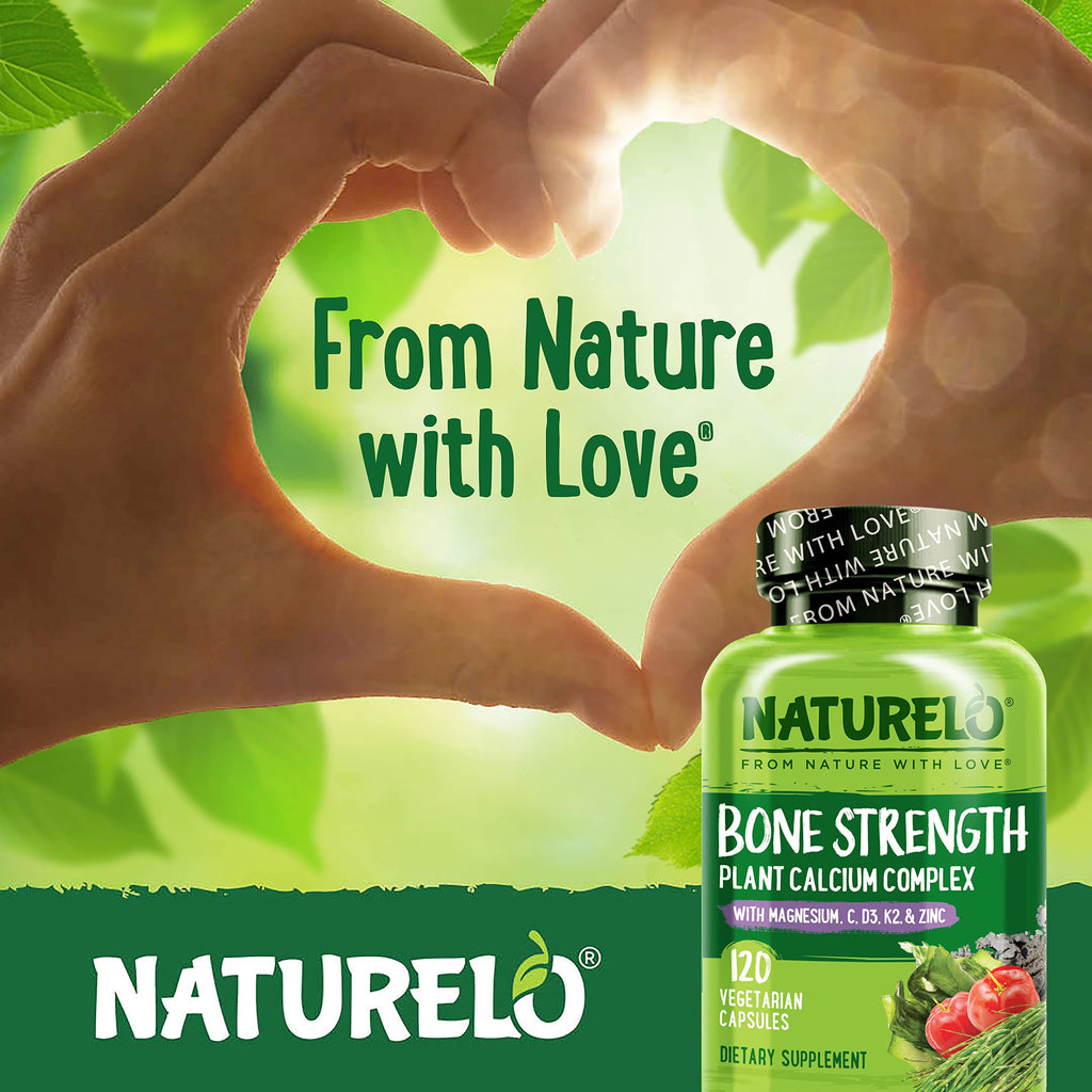 NATURELO Calcium Supplement - with Vitamin C, Vitamin D3, K2, and Calcium Magnesium Zinc for Bone Strength with Calcium 600mg - Plant-Based, 120 Vegetarian Capsules