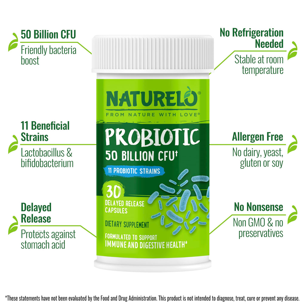 NATURELO Probiotics for Digestive Health, 50 Billion CFU, 30 Vegetarian Capsules, 11 Strains, Daily Use Supplement, Delayed Release, No-Fridge, Helps Boost Immune System,