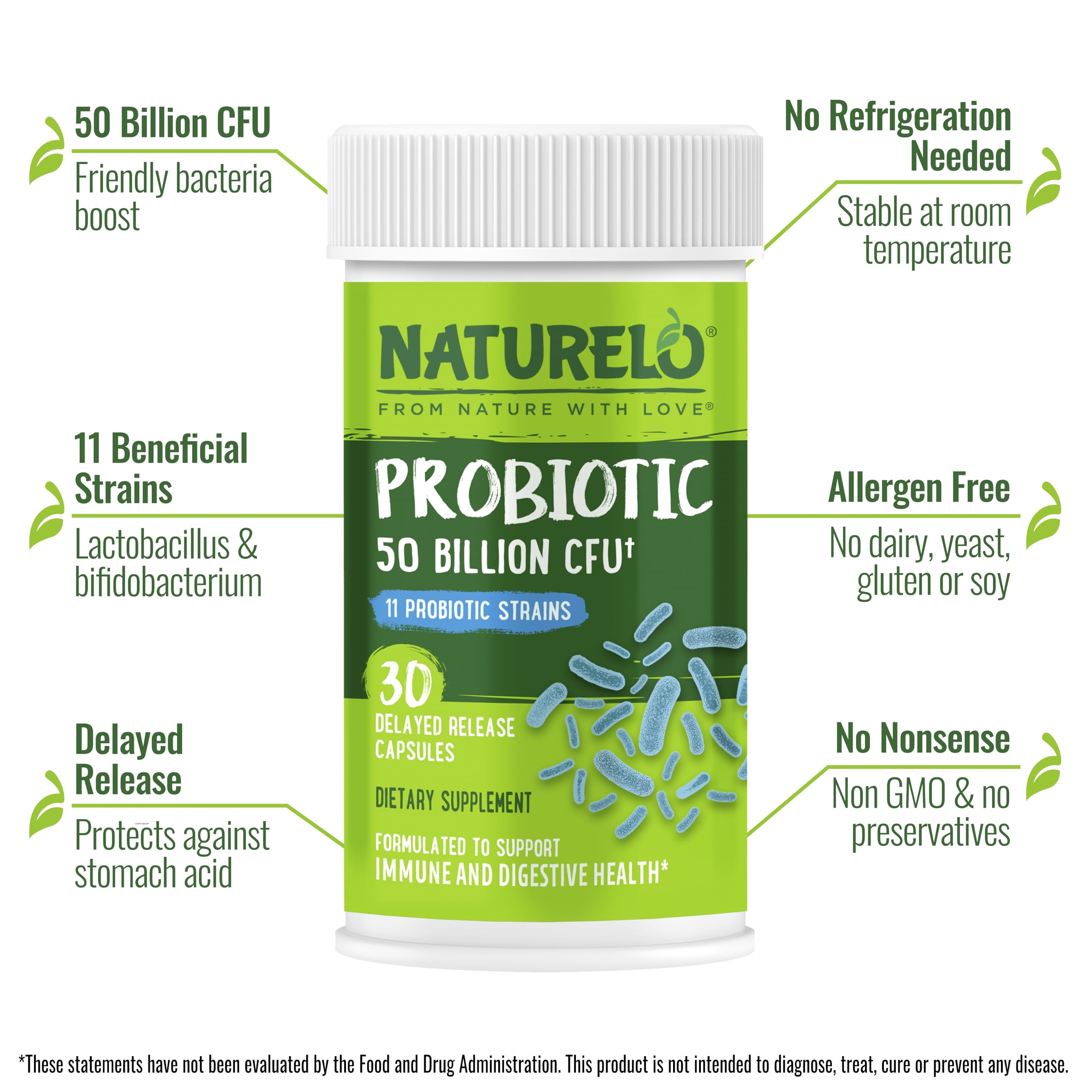 NATURELO Probiotics for Digestive Health, 50 Billion CFU, 30 Vegetarian Capsules, 11 Strains, Daily Use Supplement, Delayed Release, No-Fridge, Helps Boost Immune System,