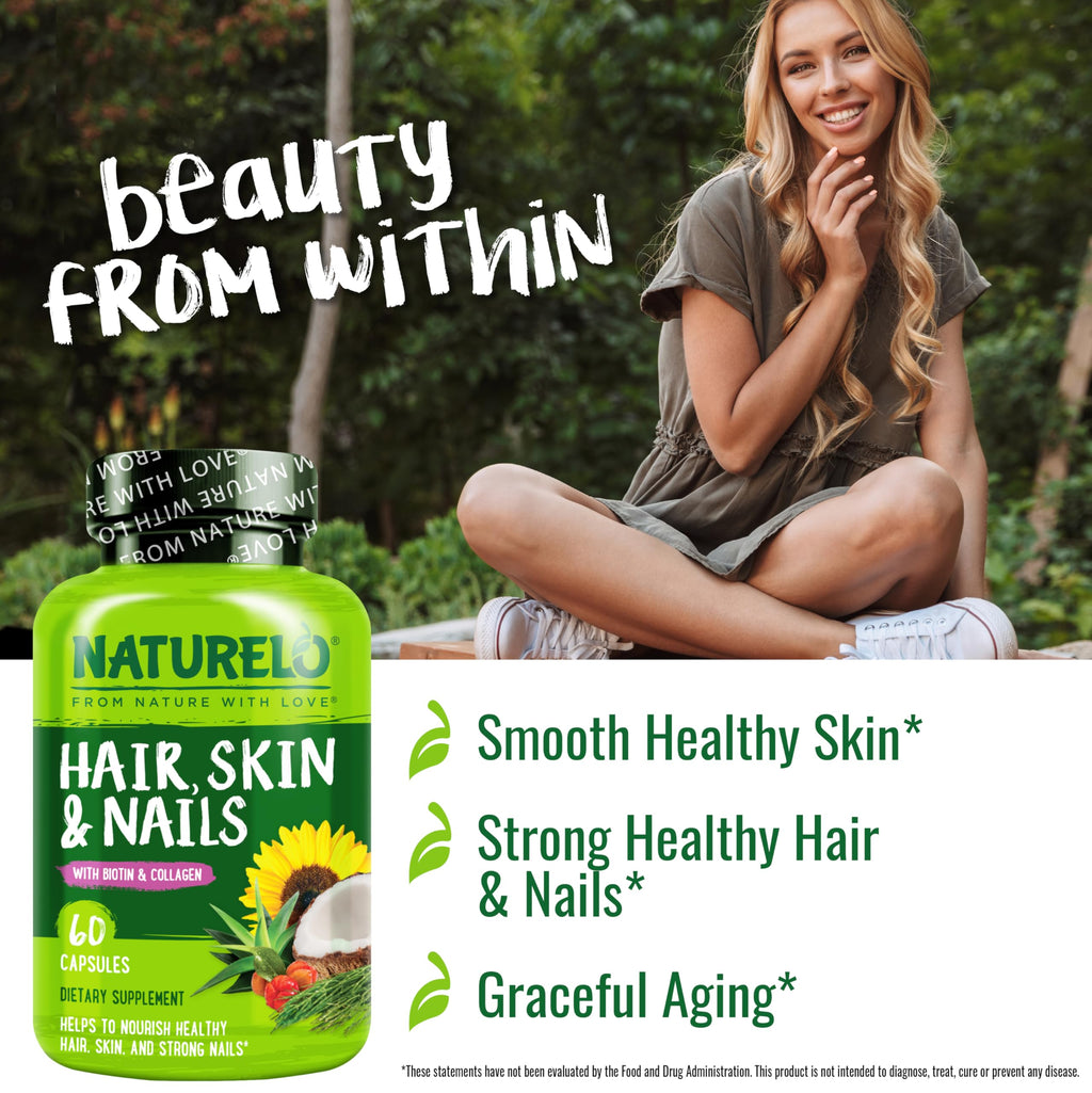 NATURELO Hair, Skin and Nails Vitamins - 5000 mcg Biotin, Collagen, Natural Vitamin E - Supplement for Healthy Skin