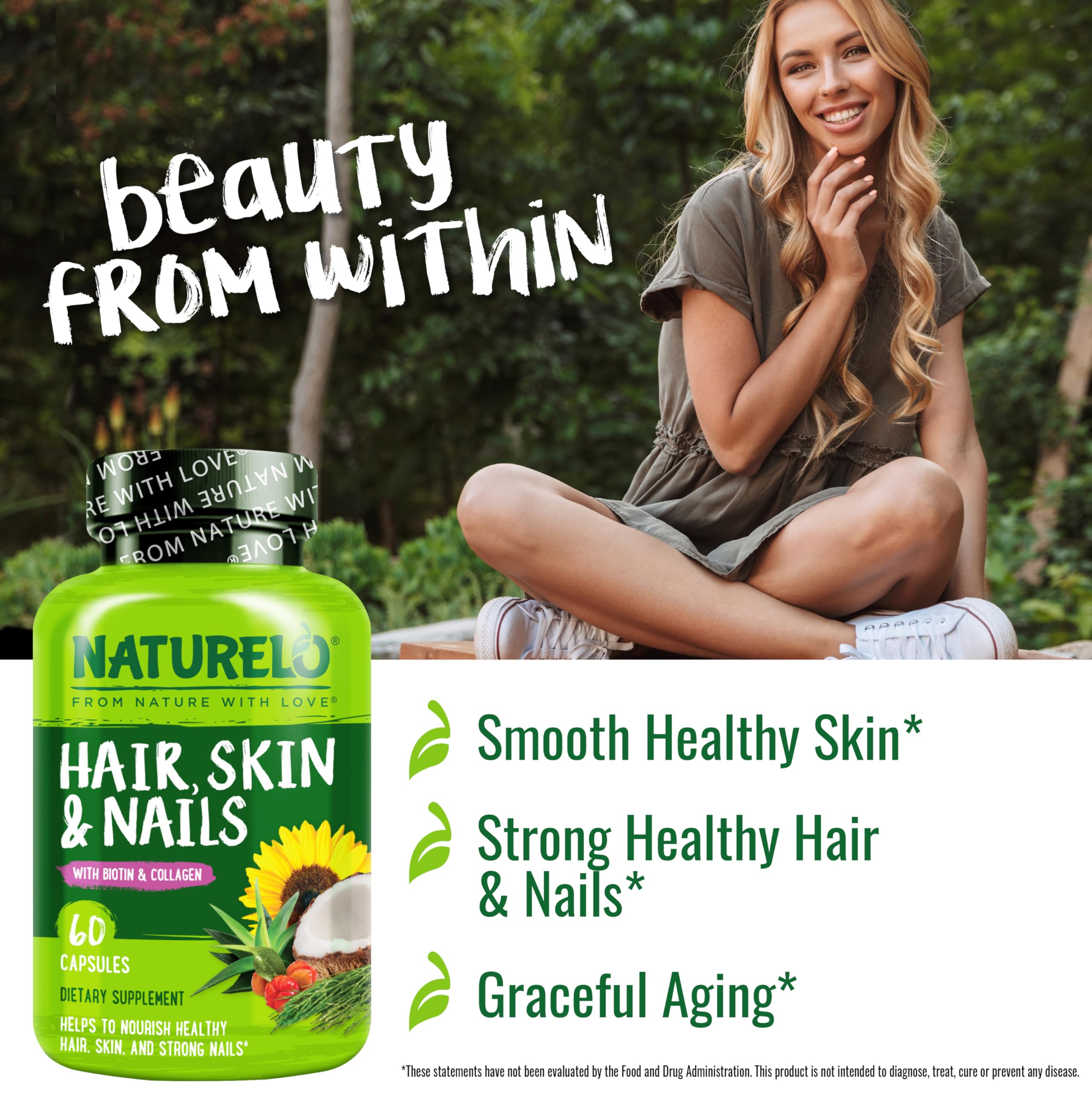 NATURELO Hair, Skin and Nails Vitamins - 5000 mcg Biotin, Collagen, Natural Vitamin E - Supplement for Healthy Skin