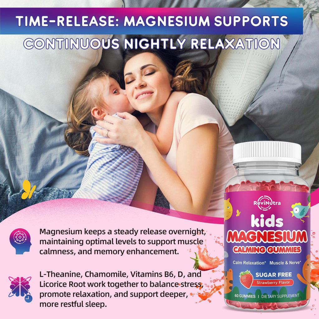 ReviNutra Magnesium Gummies for Kids - Magnesium Glycinate Gummies with L-Theanine, Chamomile, Vitamin B6, D for Kids & Adults Sleep