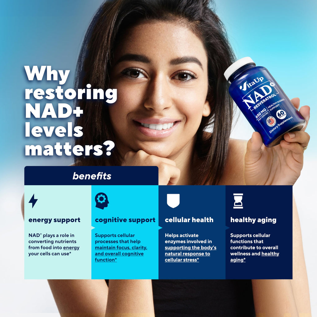VitaUp NAD+ Resveratrol Supplement - USA Made Trans Resveratrol NAD Supplement 650mg - Nicotinamide Adenine Dinucleotide Capsules for Healthy Aging, Energy & Focus Support - 60 Count VitaUp Au supplements