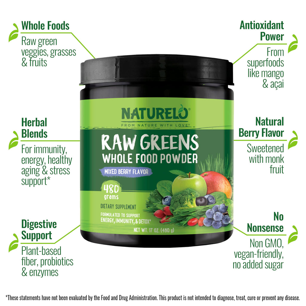 NATURELO Raw Greens Superfood Powder 480 Grams, Mixed Berry - Supports Energy, Immunity and Detox - Includes Spirulina, Wheat Grass and Organic