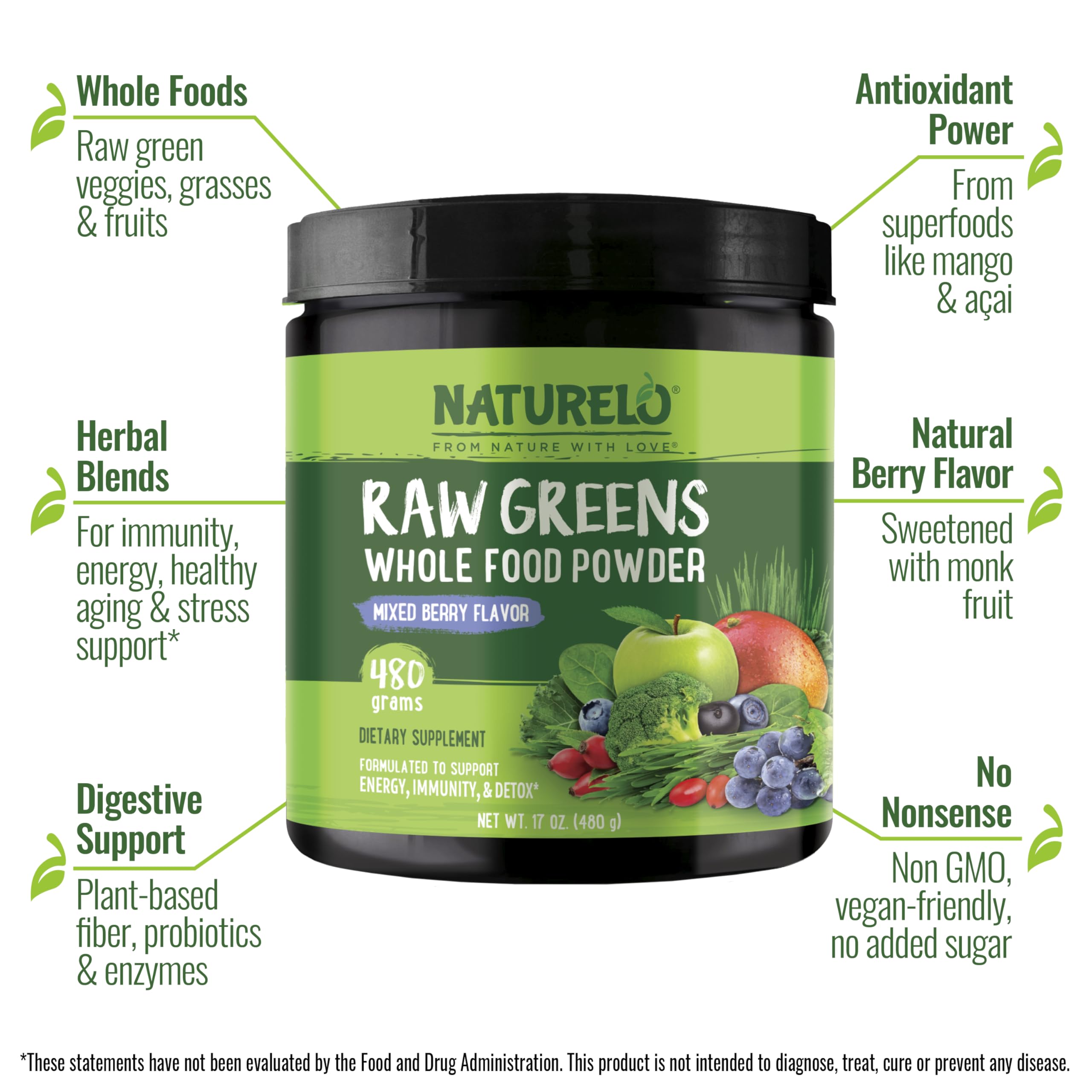 NATURELO Raw Greens Superfood Powder 480 Grams, Mixed Berry - Supports Energy, Immunity and Detox - Includes Spirulina, Wheat Grass and Organic