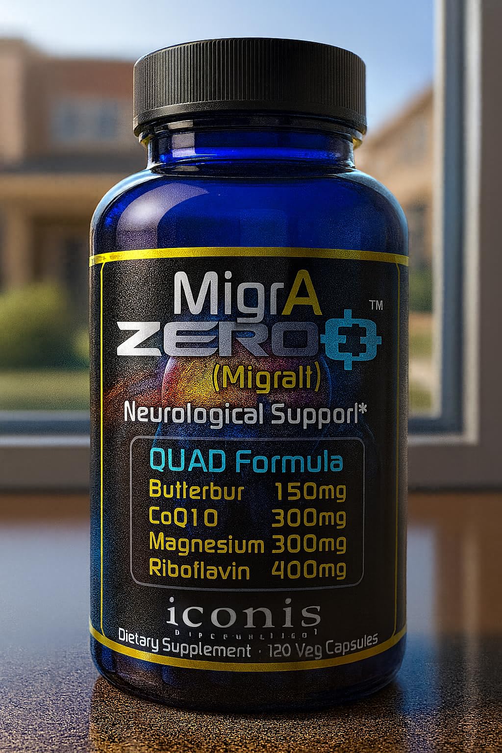 Migraine Relief, Quad-Formula with PA-Free Butterbur (150mg), CoQ10 (300mg), Magnesium Glycinate (300mg), High-Dose Riboflavin (400mg) - MigrA Zero (120 Caps) Optimal Dosing for Migraine Sufferers Iconis Bioceuticals Au supplements