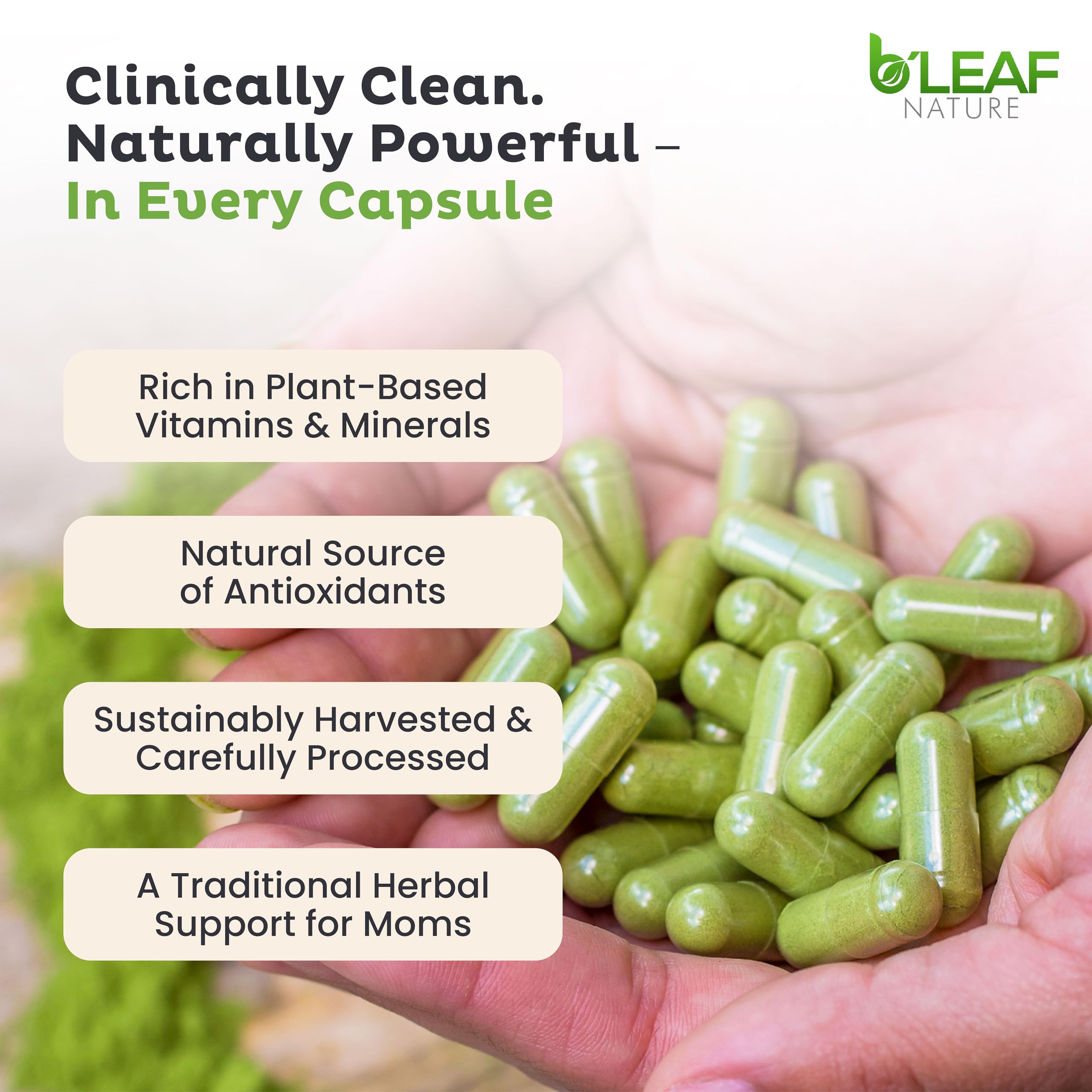 B'Leaf Nature Moringa Capsules Organic 1000mg — Pure Moringa Oleifera Leaf Powder Capsules for Energy & Immune Support