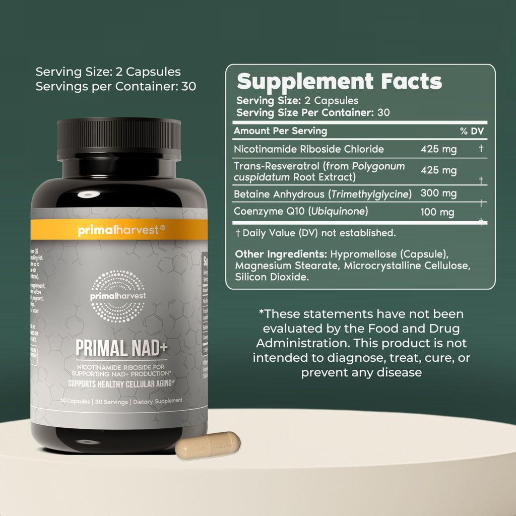 Primal Harvest NAD+ Supplement: Nicotinamide Riboside, Trans-Resveratrol, Betaine, CoQ10, NAD Supplements for Cellular Health, Energy, and Mitochondrial Support Primal Harvest Au supplements