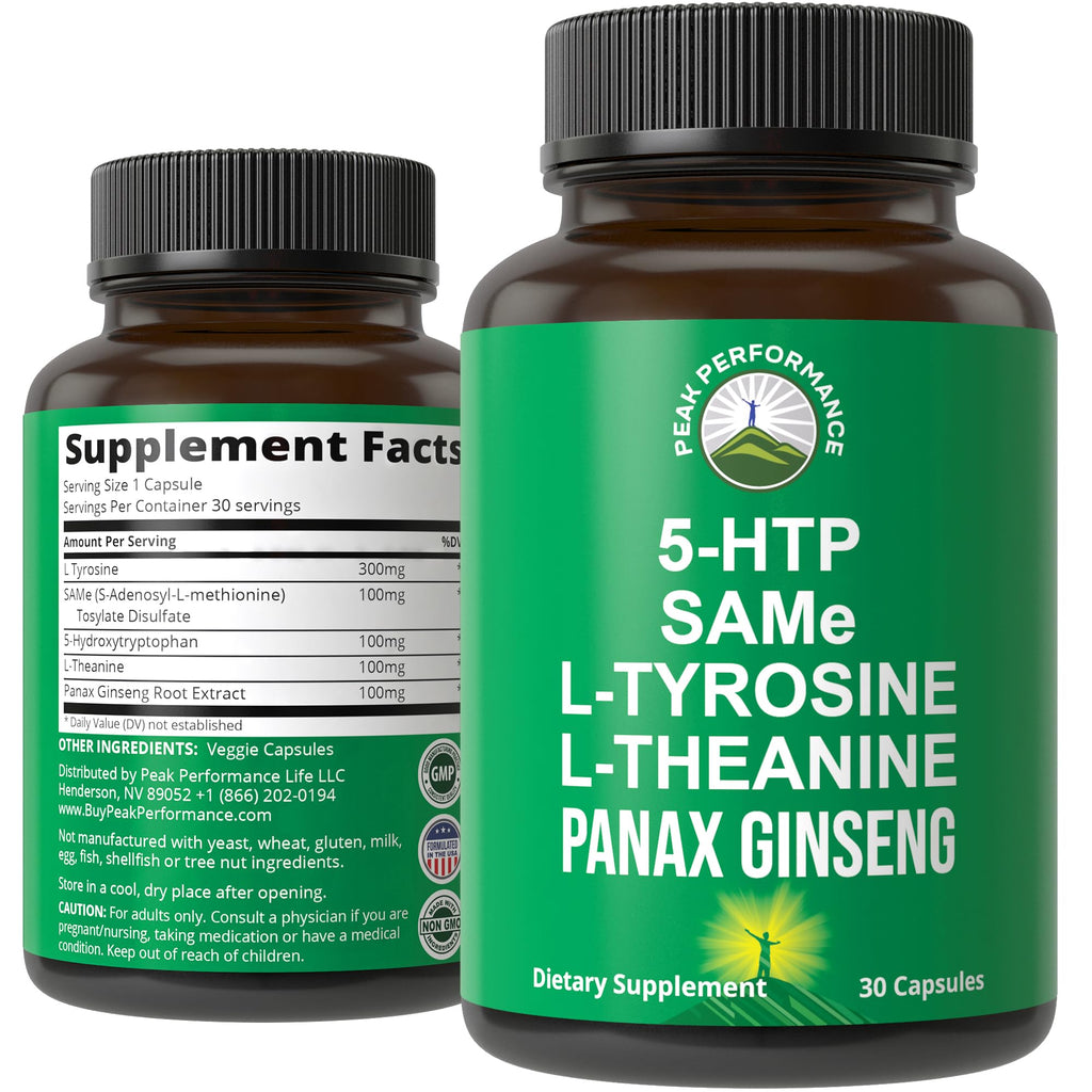 Peak Performance Mood Support Supplement with 5 Top Ingredients: 5HTP, SAM e, L Tyrosine, L Theanine, and Panax Ginseng. Calm, Focus, Relaxation Supplements. Vegan Peak Performance Au supplements