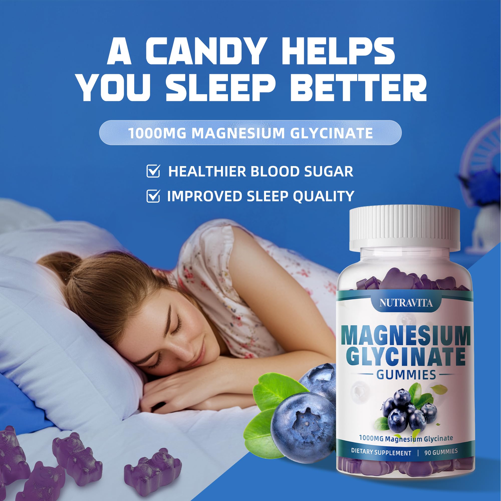 Magnesium Glycinate Gummies 1000mg with Magnesium L-Threonate,Chelated Magnesium Potassium Complex Supplement with VitD, B6, CoQ10, Calcium,Supports for Memory
