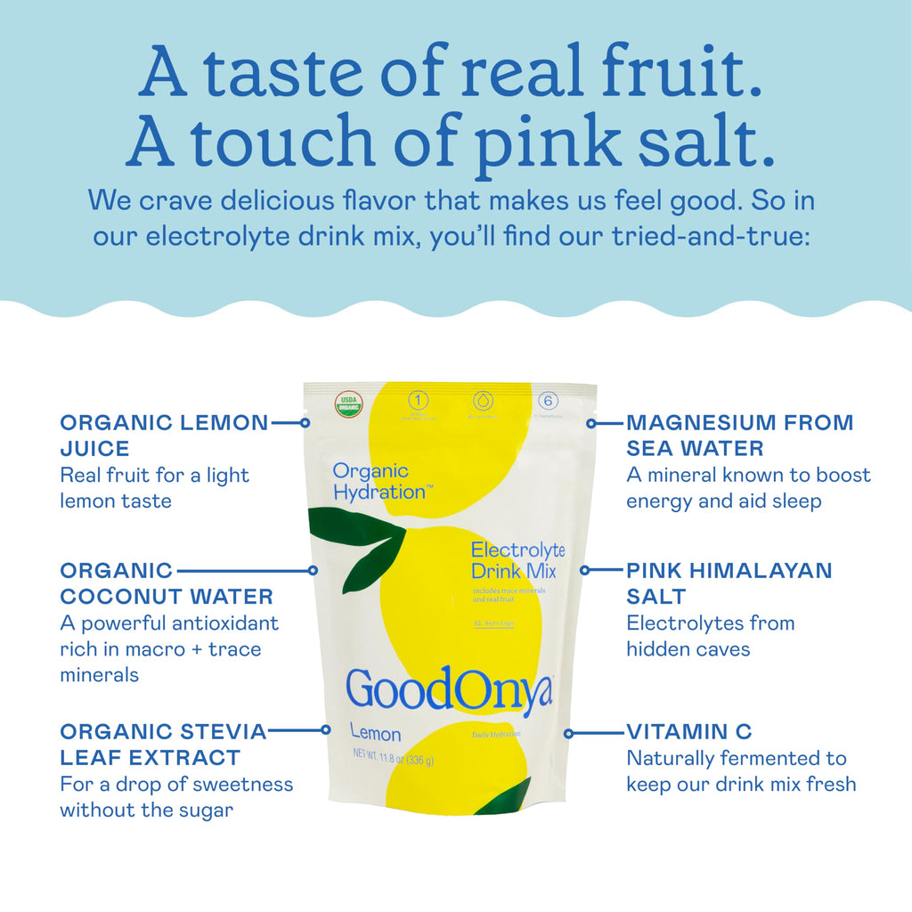 GOODONYA Organic Hydration Electrolyte Drink Mix, Certified Organic Hydration Powder, Non-GMO, Biochecked Glyphosate Free, Low Sugar, Lemonade Flavor,