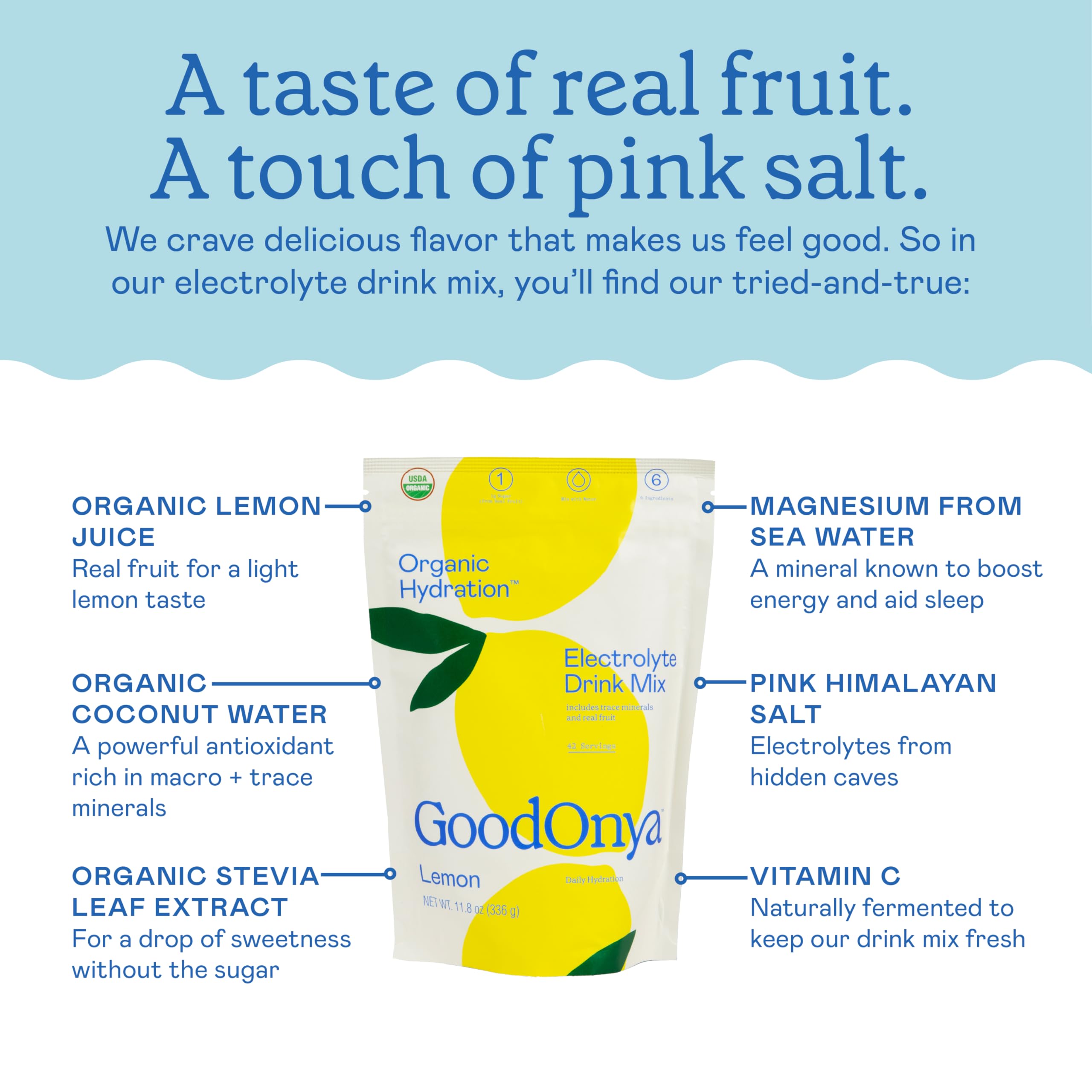GOODONYA Organic Hydration Electrolyte Drink Mix, Certified Organic Hydration Powder, Non-GMO, Biochecked Glyphosate Free, Low Sugar, Lemonade Flavor,