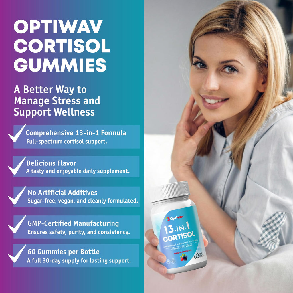 Optiwav Cortisol Reducer Gummies for Women Men - 13-in-1 Daily Cortisol Detox Manager Supports Stress Mood Balance Focus & Health Balance - Reduce High Cortisol with Ashwagandha Magnesium L-Theanine Optiwav Au supplements