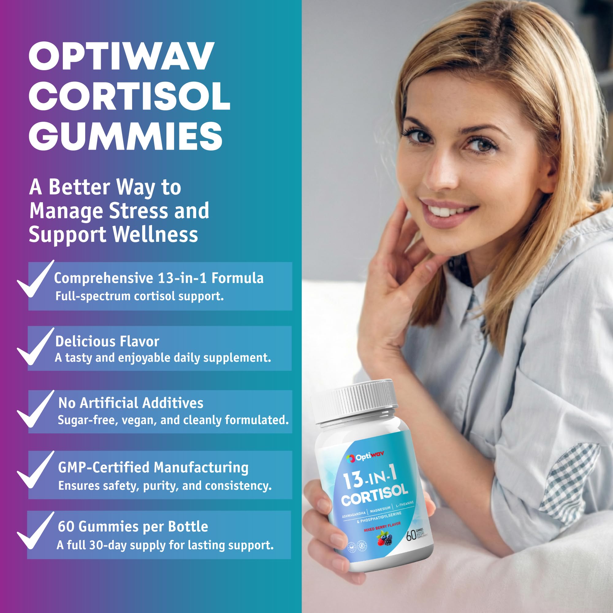 Optiwav Cortisol Reducer Gummies for Women Men - 13-in-1 Daily Cortisol Detox Manager Supports Stress Mood Balance Focus & Health Balance - Reduce High Cortisol with Ashwagandha Magnesium L-Theanine Optiwav Au supplements