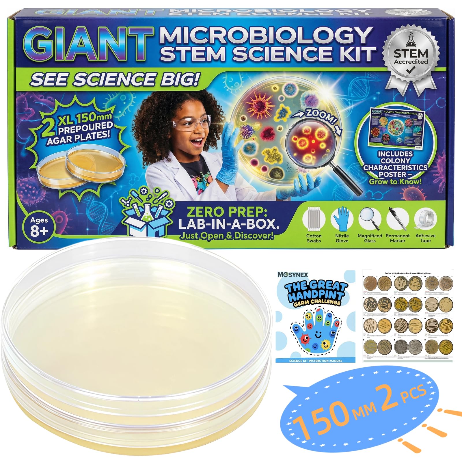 Giant Microbiology Bacteria Science Kit for Kids:2 XL 150mm Prepoured Nutrient Agar Plates, Petri Dishes with Agar & Colony Characteristics Poster for School Projects & Educational Gifts Mosynex Au supplements