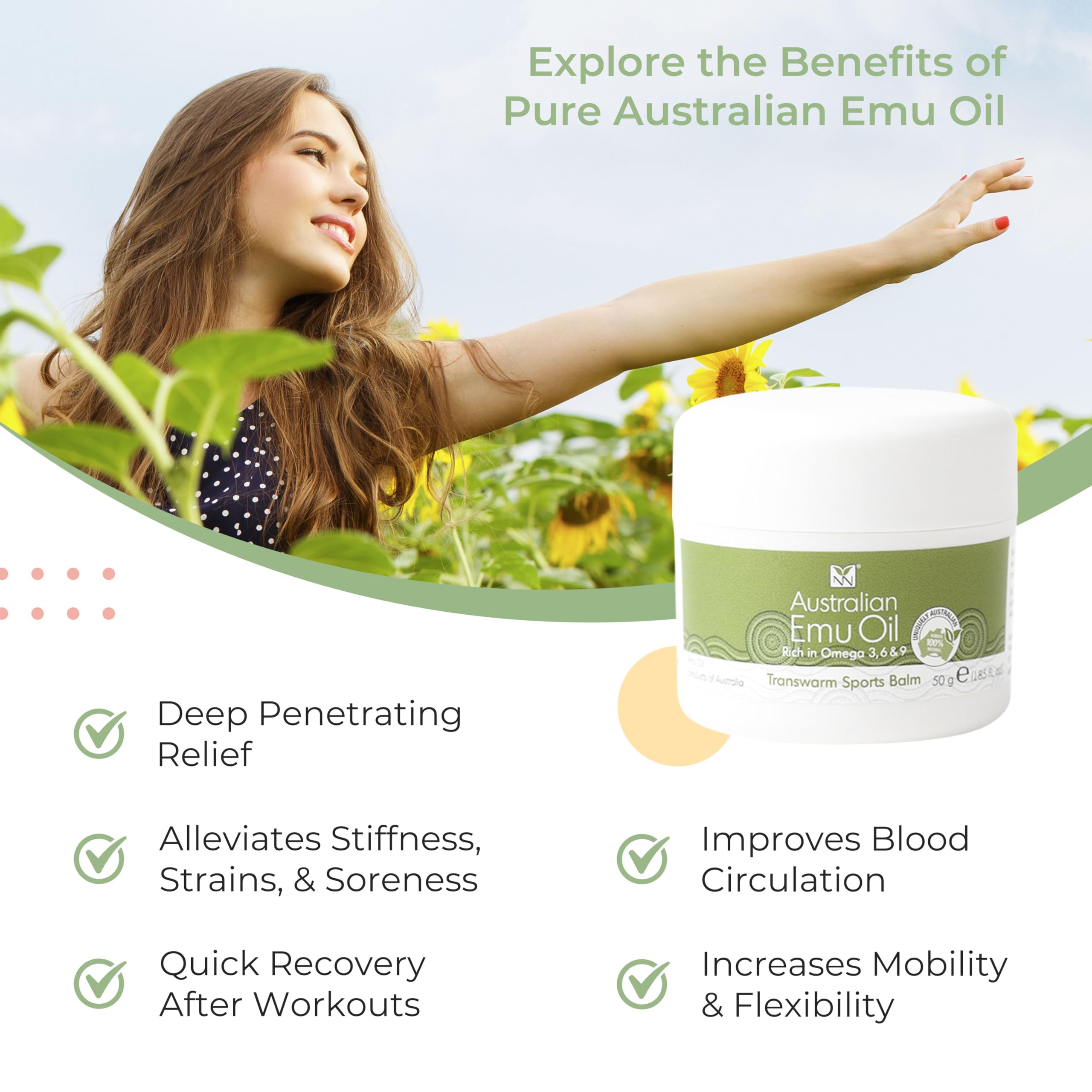 Y Not Natural Transwarm Sports Balm with Pure Emu Oil, Vitamins A, D, E, F & K2, Omega 3 6 9, & Tea Tree Oil Essential Oils - 50g Rub for Joint, Back, Muscle Stiffness & Soothing Itch Relief Y Not Natural Au supplements