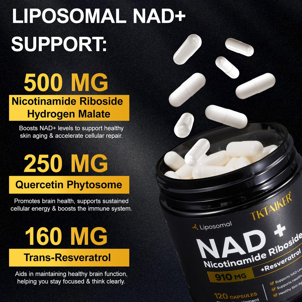 TKTALKER NAD Supplement, 910MG Liposomal Nicotinamide Riboside with Resveratrol & Quercetin, Anti-Aging, Cellular Energy, Mental Focus & Stamina & Healthy, Women & Men, 120 Capsules TKTALKER Au supplements