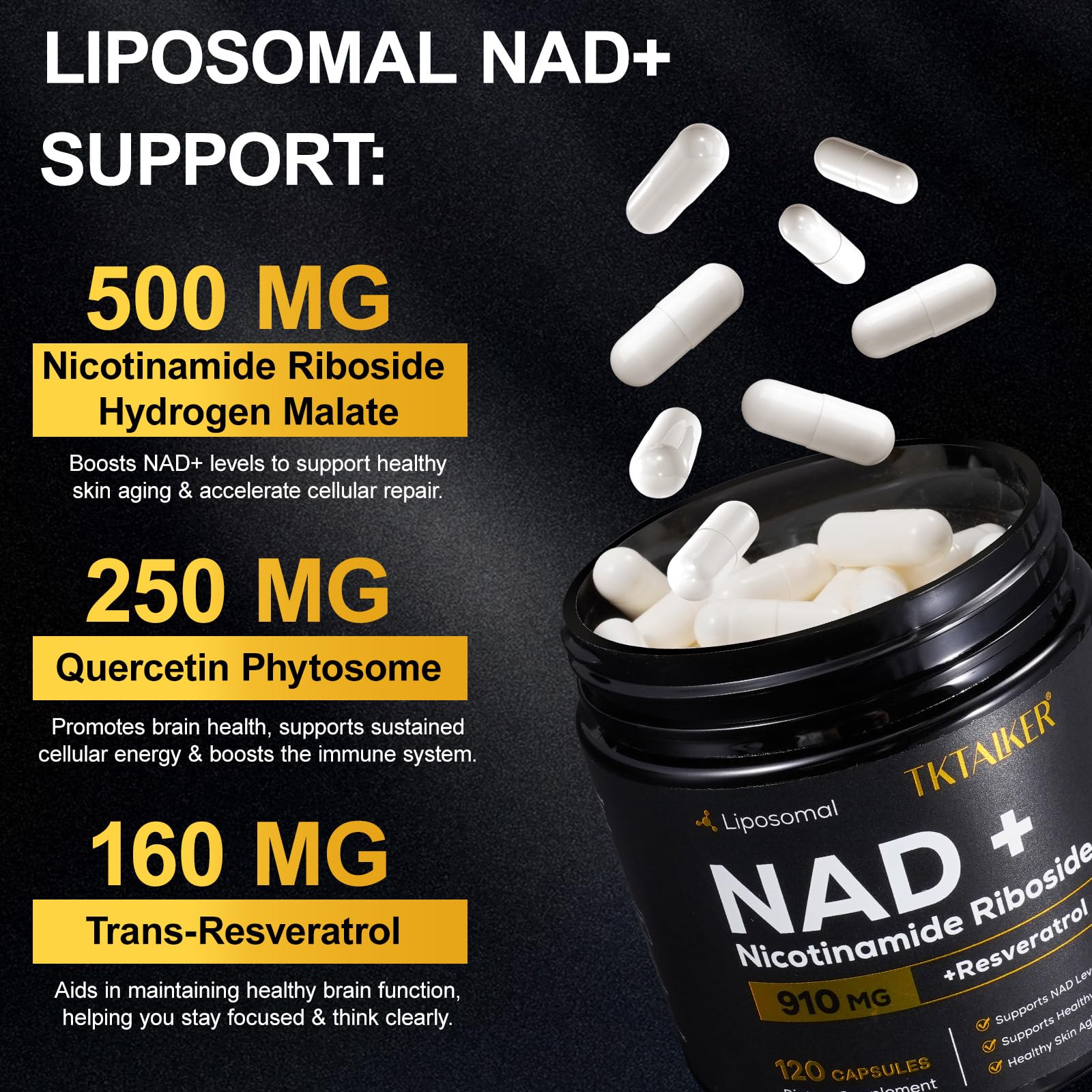 TKTALKER NAD Supplement, 910MG Liposomal Nicotinamide Riboside with Resveratrol & Quercetin, Anti-Aging, Cellular Energy, Mental Focus & Stamina & Healthy, Women & Men, 120 Capsules TKTALKER Au supplements