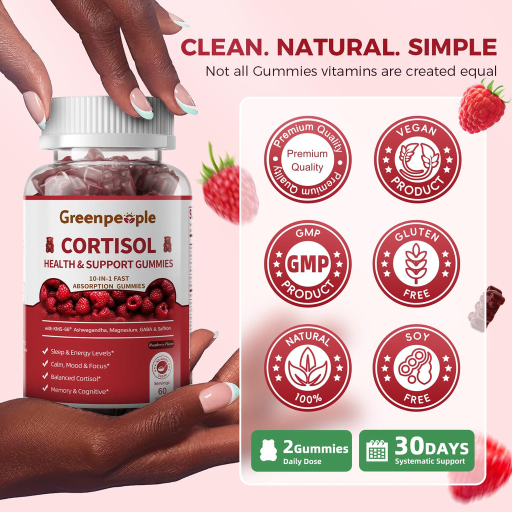 GREENPEOPLE Cortisol Supplements for Women & Men - Cortisol Reducer Detox Manager w/KSM-66 Ashwagandha/Magnesium/L-theanine/GABA/Vitamin B6 for Mood/Sleep/Stress Relief 60 CT Raspberry Flavor Gummies GREENPEOPLE Au supplements