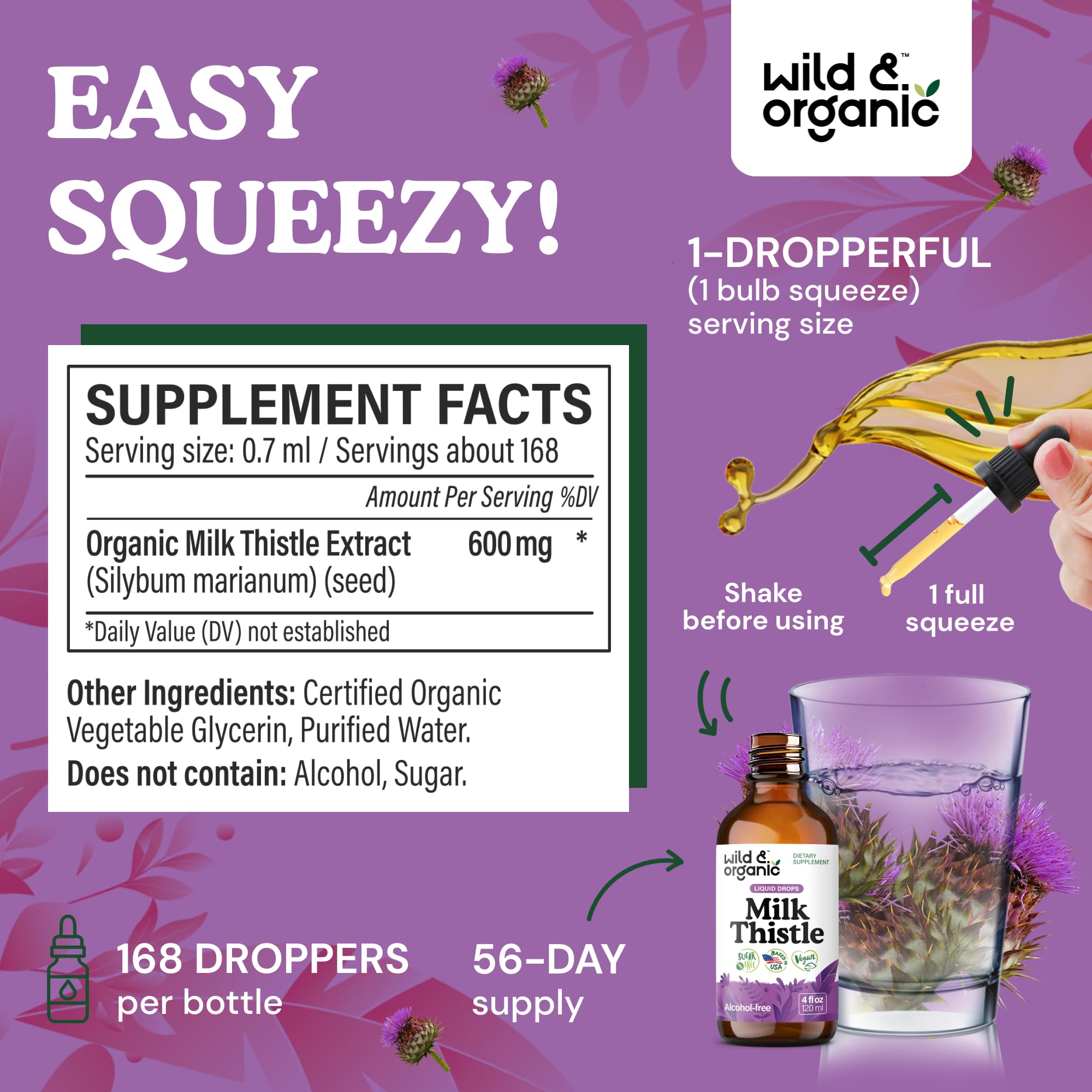 Wild & Organic Milk Thistle Liquid Drops - Liver Cleanse Detox - Silymarin Milk Thistle Supplement for Liver Support - Add to Tea - Silybum Marianum Seed Extract Tincture