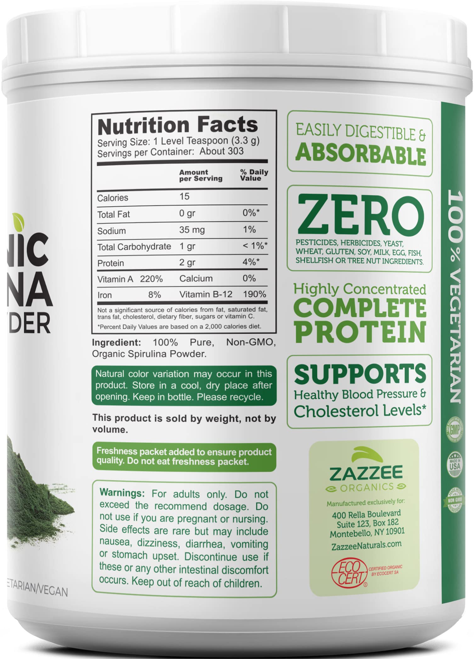 Zazzee USDA Organic Spirulina Powder, 2.2 Pounds (1 KG), 303 Servings, Certified Kosher, 100% Pure, Non-Irradiated, Mess-Free Wide Mouth Container, Fresh Smell and Neutral Taste, Non-GMO, Made in USA