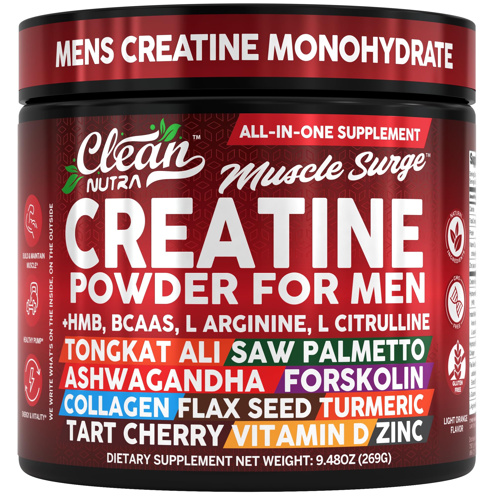 Clean Nutra Creatine Powder for Men + HMB BCAA L Arginine L Citrulline Tongkat Ali Saw Palmetto Ashwagandha Collagen Flax Seed Turmeric Preworkout Stevia