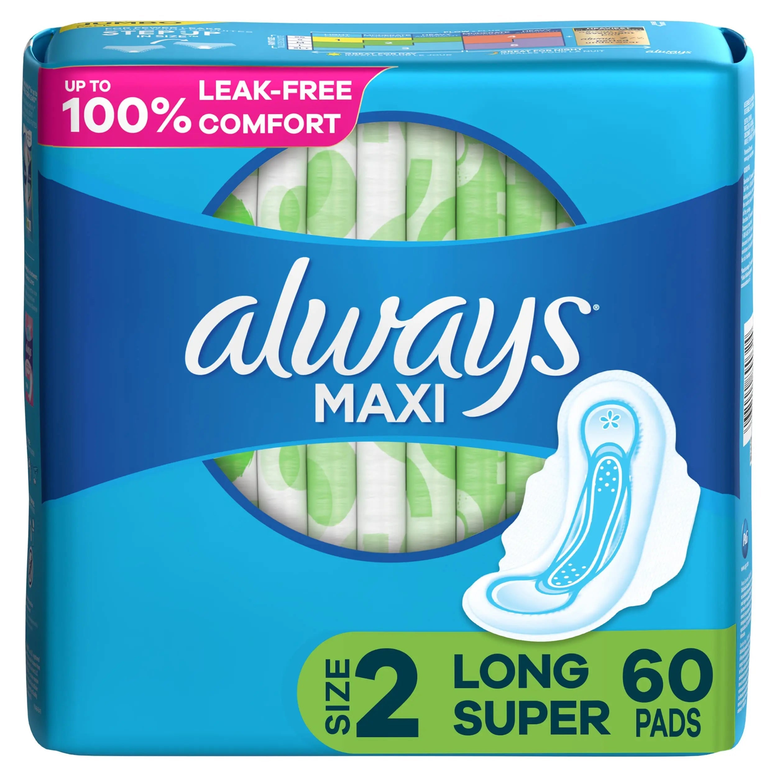 Always Maxi Feminine Pads For Women, Size 2 Long Super Absorbency, With Wings, Unscented, 60 Count Always Au supplements