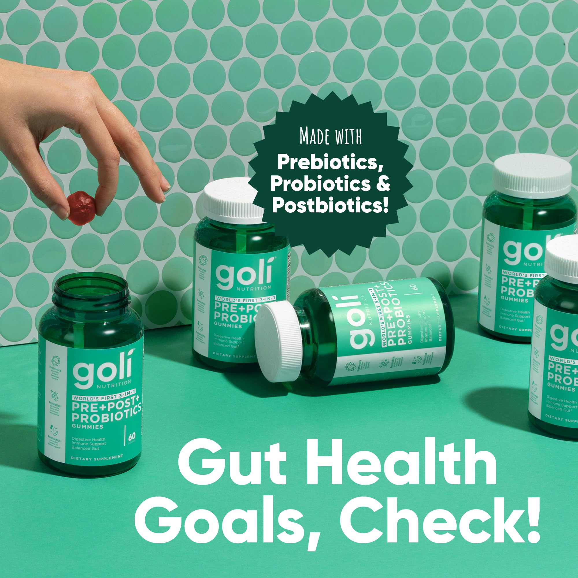 Goli Pre Pro Postbiotic Gummies - Worlds First 3-in-1 Formula with DE111 Probiotics, XOS Prebiotics, MCC1849 Postbiotics - Vegan, Non-GMO,