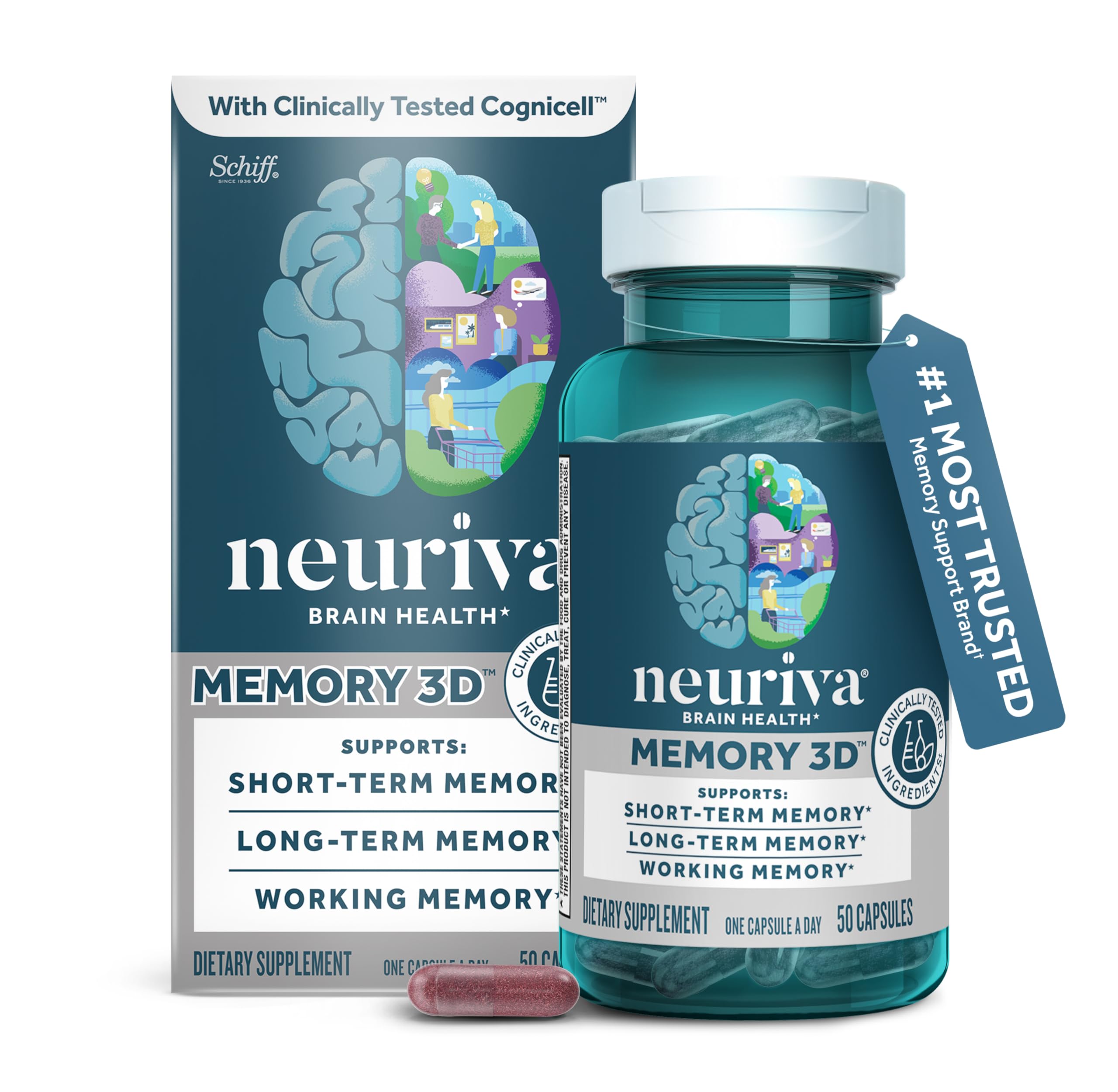 NEURIVA Memory 3D Brain Supplement - Decaffeinated Nootropic Capsules for Memory, Focus, & Cognitive Function - Short Term, Long Term, & Working Memory Support - 50ct NEURIVA Au supplements