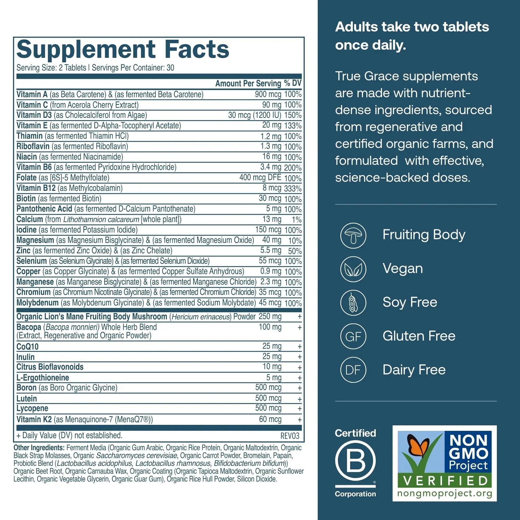 True Grace Daily Men’s Multivitamin 50+ - 60 Easy-to-Swallow Tablets - Immune, Energy, Longevity & Memory Support True Grace Au supplements