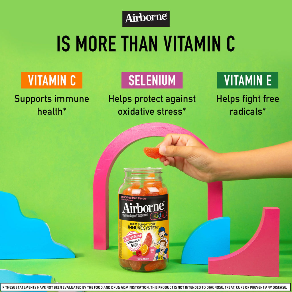 Airborne 500mg Vitamin C + Zinc Immune Support Supplement Gummies for Kids, Assorted Fruit Flavor, Gluten Free Crafted Blend