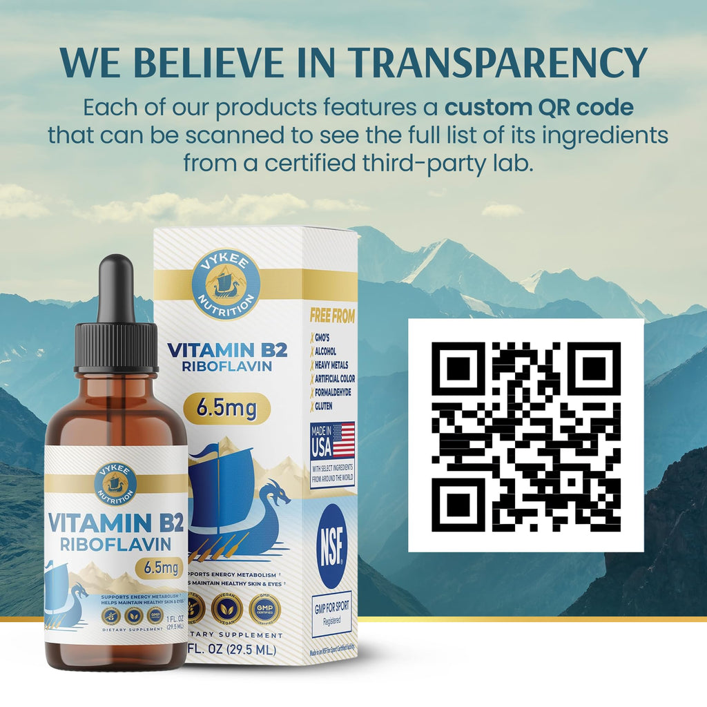 Vykee Nutrition Vitamin B2 Riboflavin Drops - Liquid B2 Supplement for Energy Metabolism, Cellular Function and Vision Support - Vegan, Non-GMO, Gluten-Free