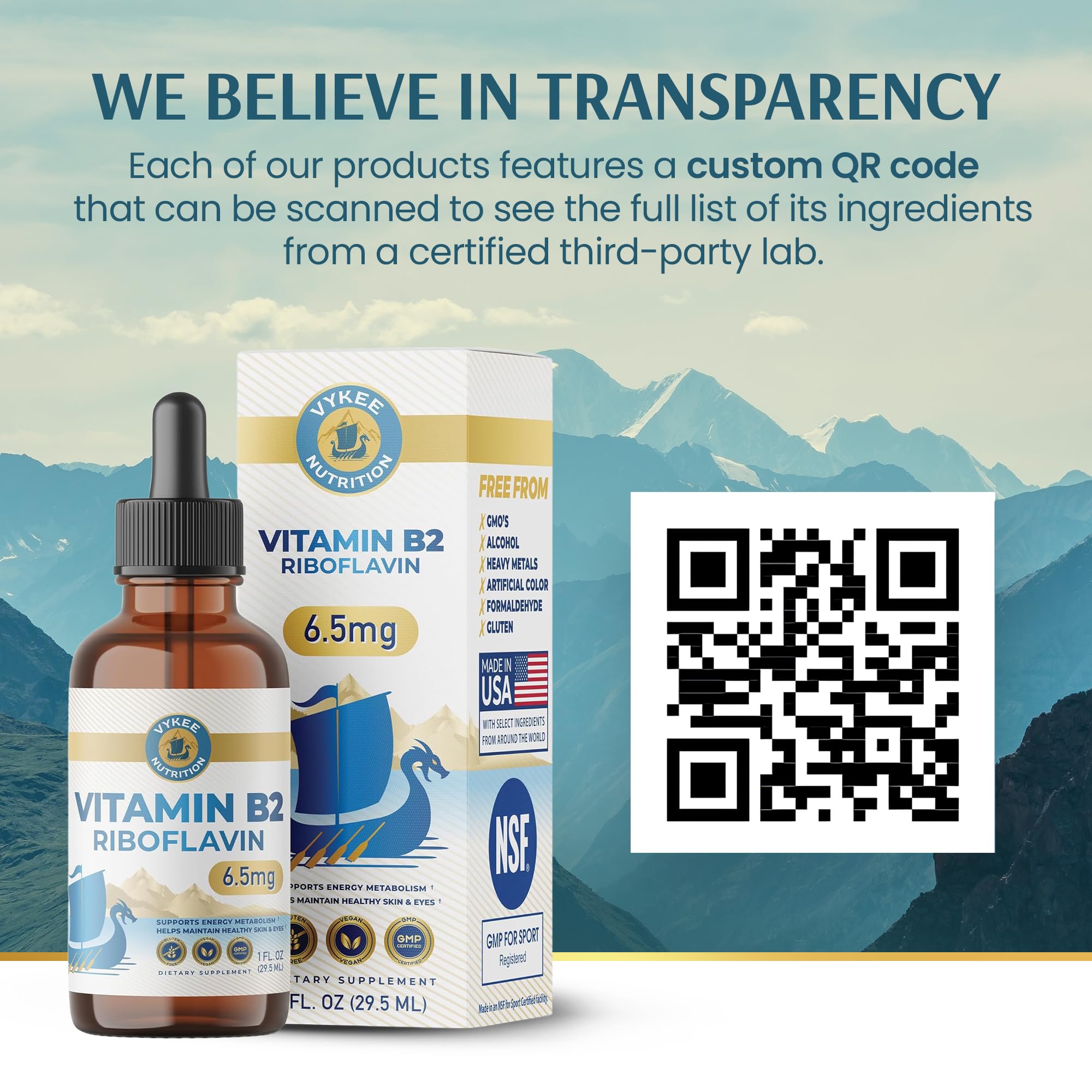 Vykee Nutrition Vitamin B2 Riboflavin Drops - Liquid B2 Supplement for Energy Metabolism, Cellular Function and Vision Support - Vegan, Non-GMO, Gluten-Free